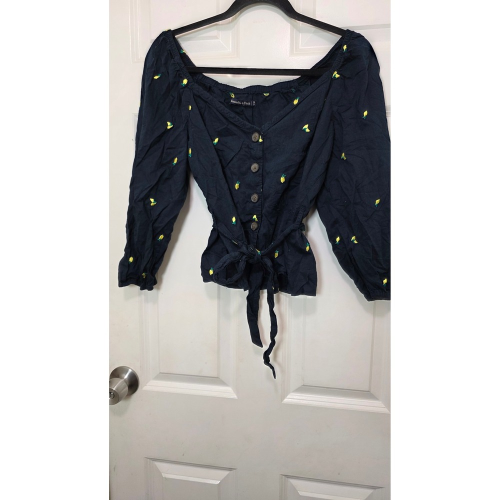 Abercrombie & Fitch Lemon Embroidered Top Womens M Navy Blue Tie Waist Blouse
